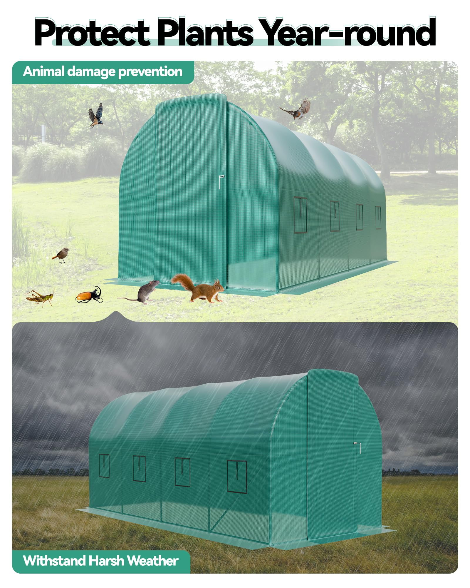 Towallmark Walk-in Greenhouse Tunnel 15x6.5x6.5ft,Galvanized Steel Tunnel Greenhouse with Zippered Doors and Window,Garden Hot House for Home Gardening Seed Germination