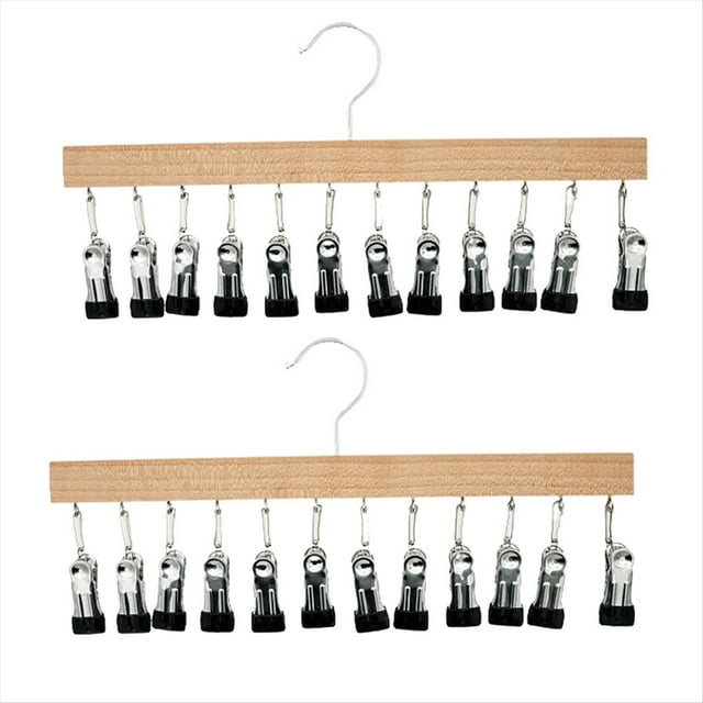 Percha de Madera para Pantalones, Perchas de Madera para Pantalones con 12 Clips Antideslizantes, Juego de 2 Organizadores de Legging para Armario, Sujeción de Perchas