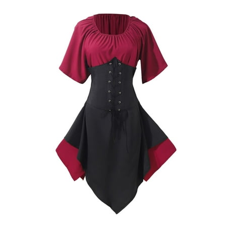 

MENRKOO Dresses for Women 2022 Women Renaissance Medieval Costumes Gothic Retro Long Sleeve Corset Dresses Short Sleeve Drawstring Waist Round-Neck Mid-Calf Dress Red XXXXXL-