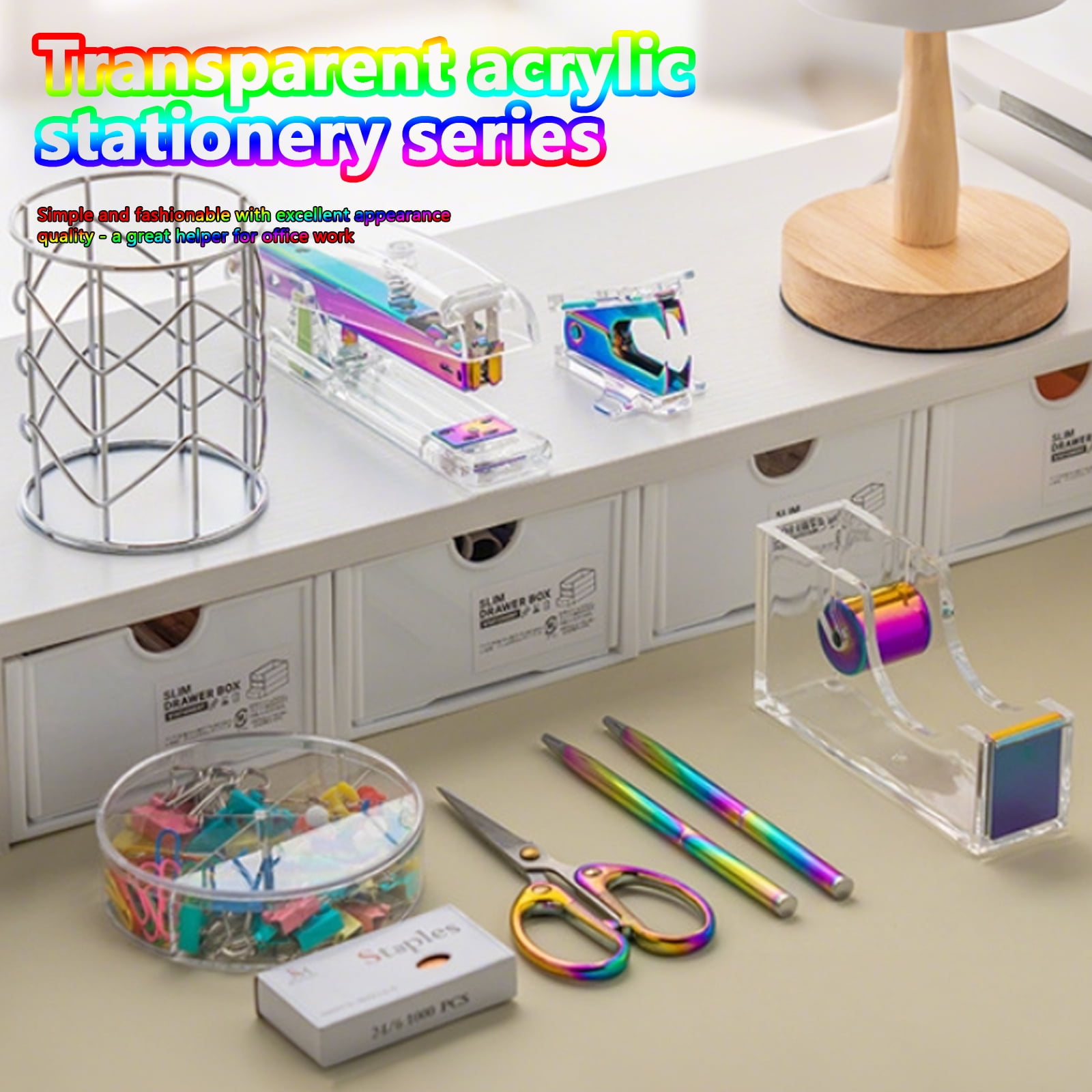 Arcticwind Desk Accessories Acrylic stapler set,staple remover,Phone Holder,Tape Dispenser,Tape/Pen Holder,Scissor,Ballpoint Pen,Binder Clips,Paper Clips and Staples.(8 piece Iridescent set)
