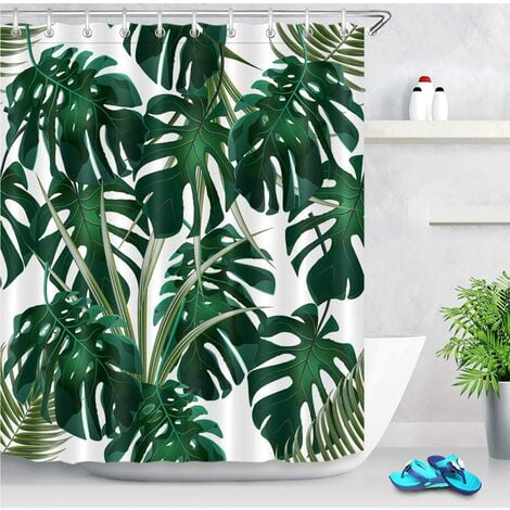Cortina de ducha con hojas de palmera tropical de jungla con 12 ganchos, 180 x 180 cm, fondo blanco de monstera verde, cortinas de baño resistentes al agua, a prueba de moho, tela de
