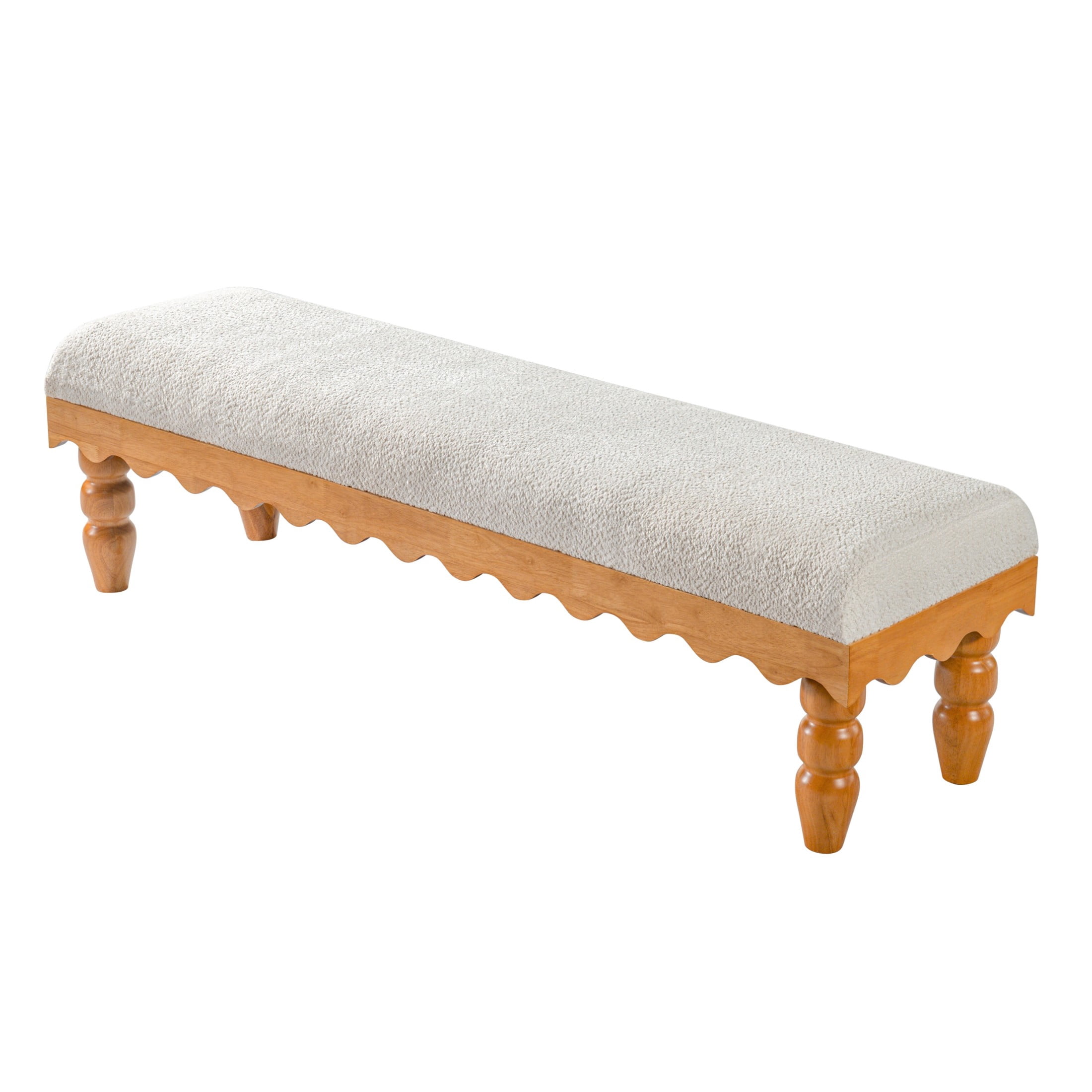 Christopher Knight Home Vintage Boucle Fabric Bench, Wave Trim Ottoman with Solid Wood Legs, Beige