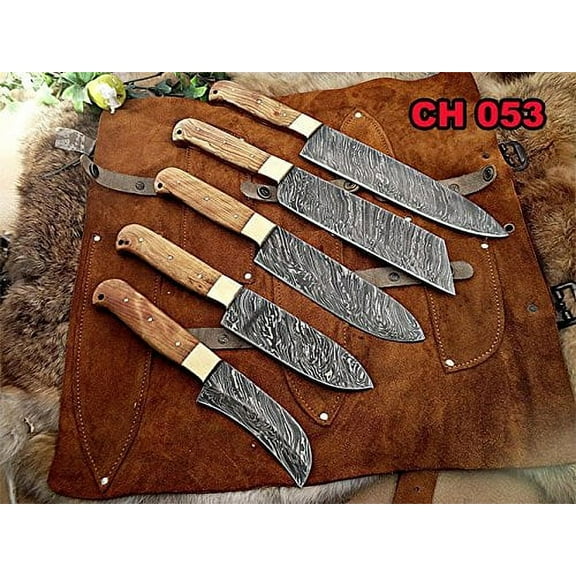 5 pieces chef knives set, overall 54 inches full tang hand forged Damascus steel blade, custom made leather sheath