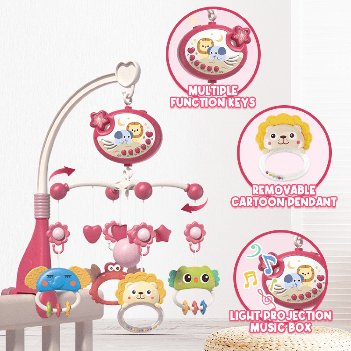 Baby Crib Mobile with Music, Lights & Timming Function, Projector Rotating Hanging Rattles Toys Baby Mobile Gifts Toy for Boys Girls(Red)