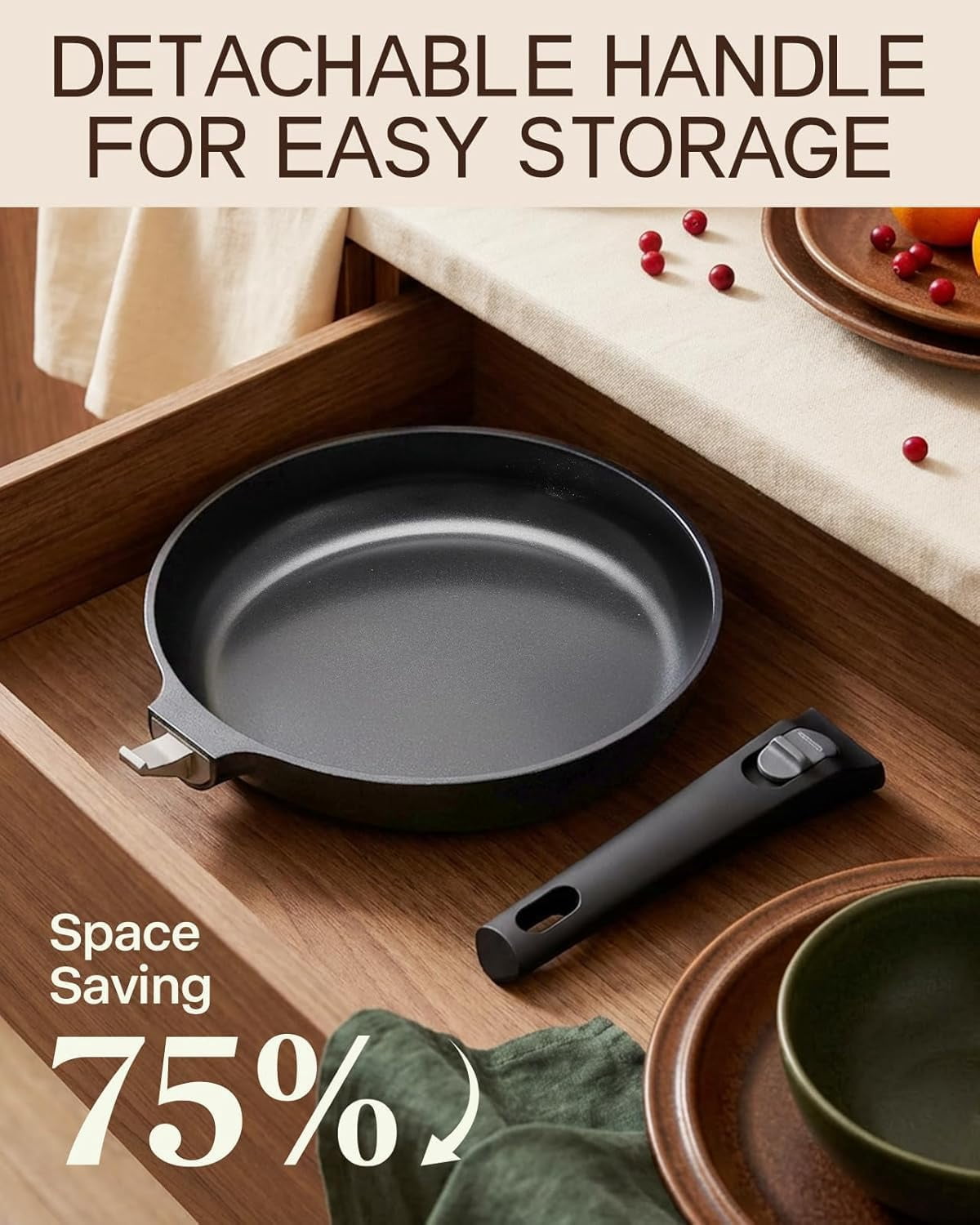 9.5 Inch Nonstick Frying Pan with Detachable Handle, Non Toxic Ceramic Skillet for Cooking