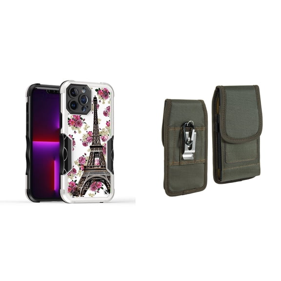 Case and Pouch Bundle for iPhone 14 Pro Max: Heavy Duty Armor Rugged Case (Eiffel Tower Flowers) and Vertical Rugged Nylon Belt Holster (Midnight Green)
