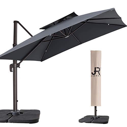 Jearey 12ft Patio Umbrella Double Top Deluxe Square Hanging Offset Cantilever Outdoor Heavy Duty Sun For Market Garden Deck Backyard Pool Grey Com Jearey 12ft Patio Umbrella Double Top, Outdoor Cantilever Grey Umbrella With Lights And Speaker