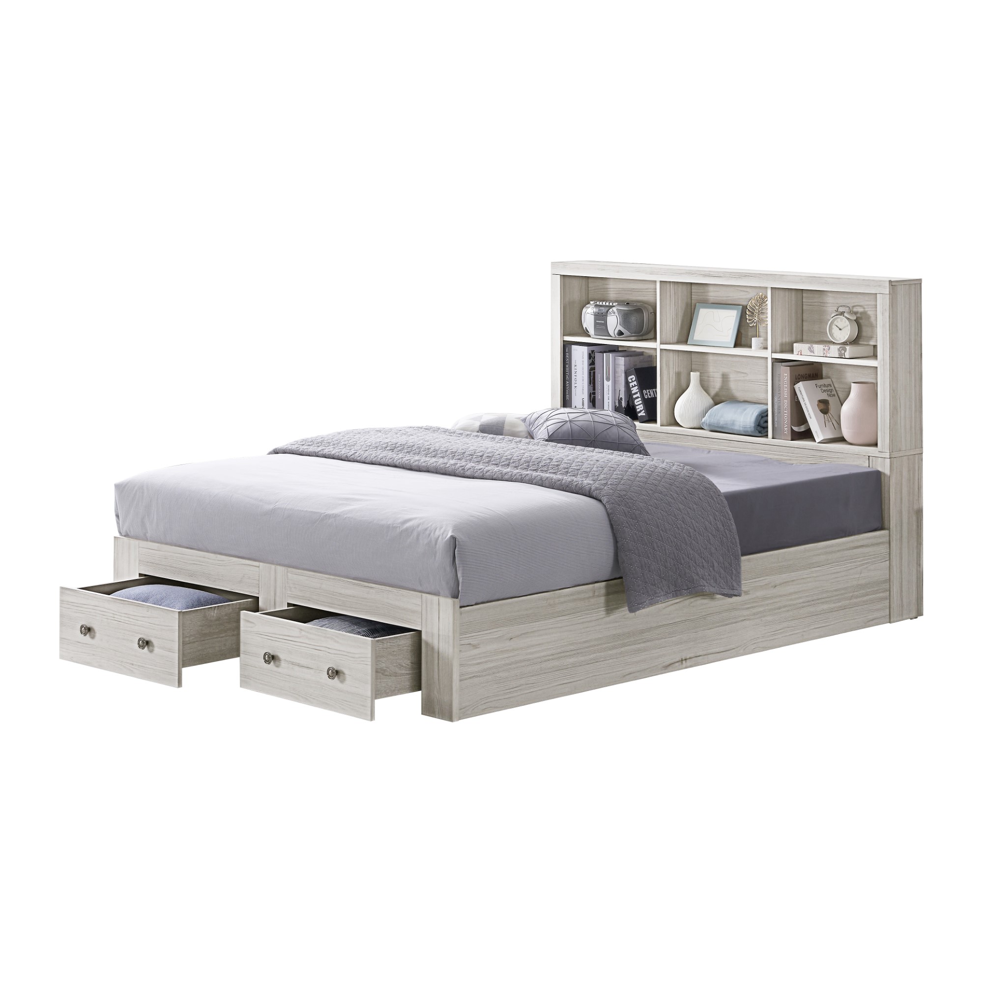 Home Design Salina Queen Bookcase Platform Bed with 2 Drawer, Light Gray