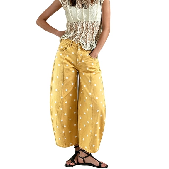 DORKASM Women's Polka Dot Pattern Barrel Jeans Low Rise Baggy Y2k Pants Vintage Flowy Summer Streetwear Fashion Boyfriend Trousers with Pockets Yellow M