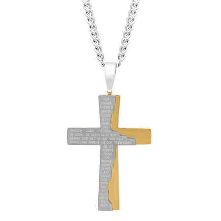 Men's Stainless Steel Two-Tone Tablet Prayer Cross with 24 Curb Chain - Mens Pendant