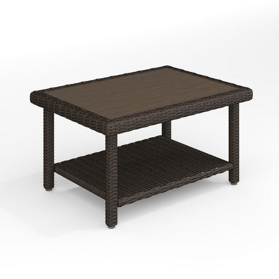 Martha Stewart Indoor-Outdoor Patio Coffee Table with Lower Storage Shelf and Engineered Wood Top in Brown Rattan Wicker
