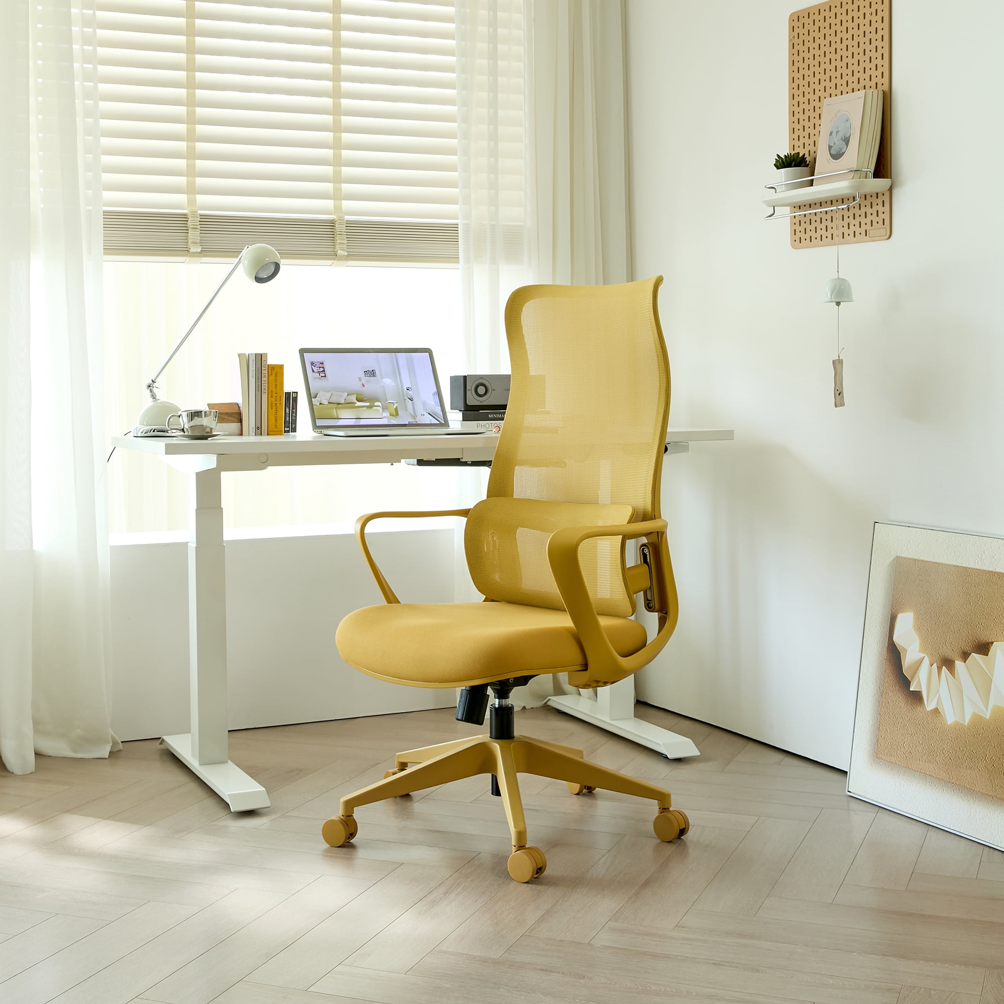 Office Chair, 350LBS Home Mesh Breathable High Back, With Adjustable Lumbar Support Computer Chair, Integrated Molded Foam Seat Cushion, Fireproof (Yellow)
