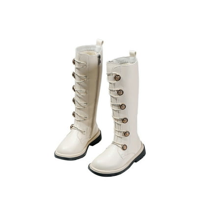 

GENILU Girls Casual Comfort Knee High Boots Fashion Riding Boot Outdoor Side Zipper Beige (Plush Lining) 3Y