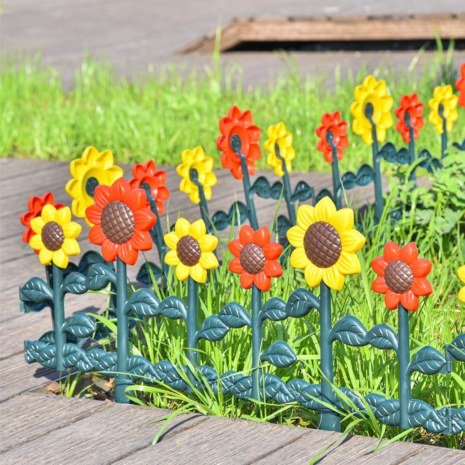 Sungmor Plastic Edgings Garden Picket Fence - Grass Lawn Flowerbeds Plant Borders - Decorative Sunflower Landscape Path Panels - Pack of 4 (Overall Length 98 Inches) - Lightweight & Easy Installation
