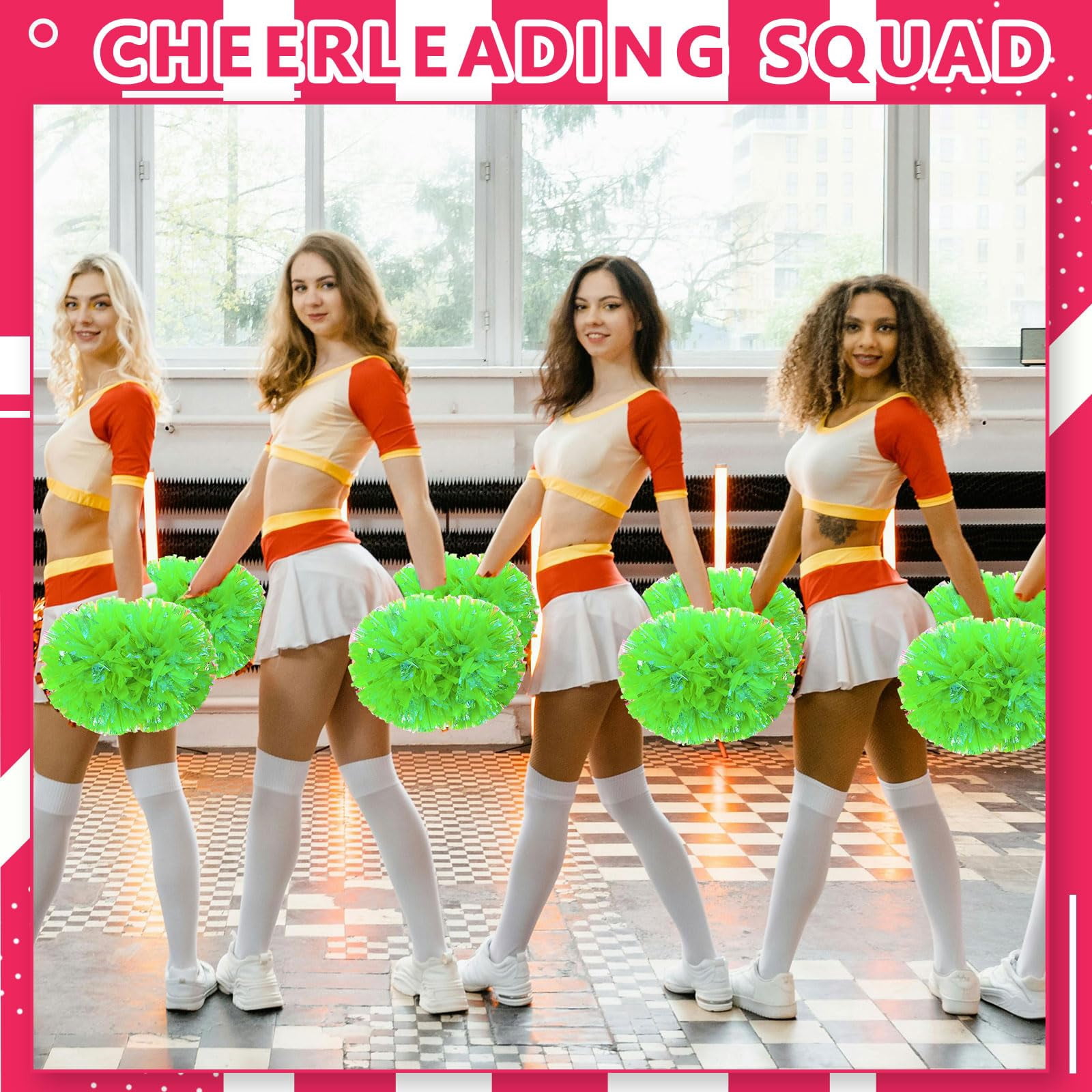 Cheerleading Pom Poms 14 Pcs with Handle Style, Handheld Squad Pompoms for Sports Team Cheer Spirit Games Dance Party Adults