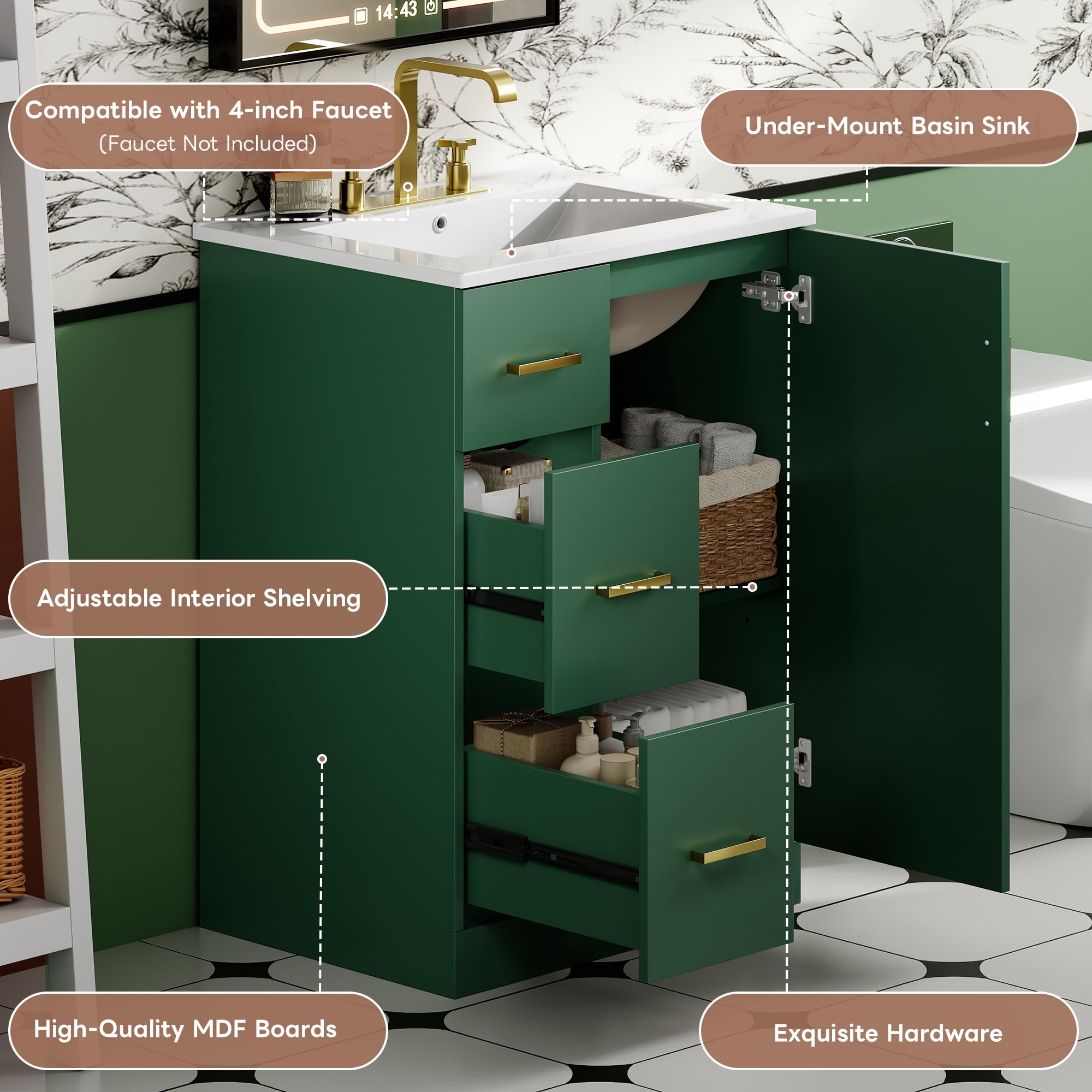 Euroco 24-Inch Bathroom Vanity with Vertical Fluted Design, Undermount Sink, Soft-Close Drawers & Door – Compact Storage Cabinet for Small Spaces