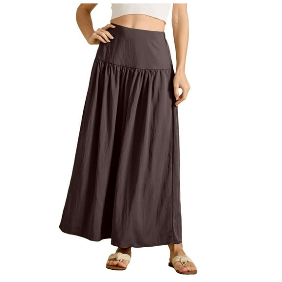 vigerkar Women's Pleated Flowy Long Skirts High Waist Maxi Skirt with Pocket Brown, L