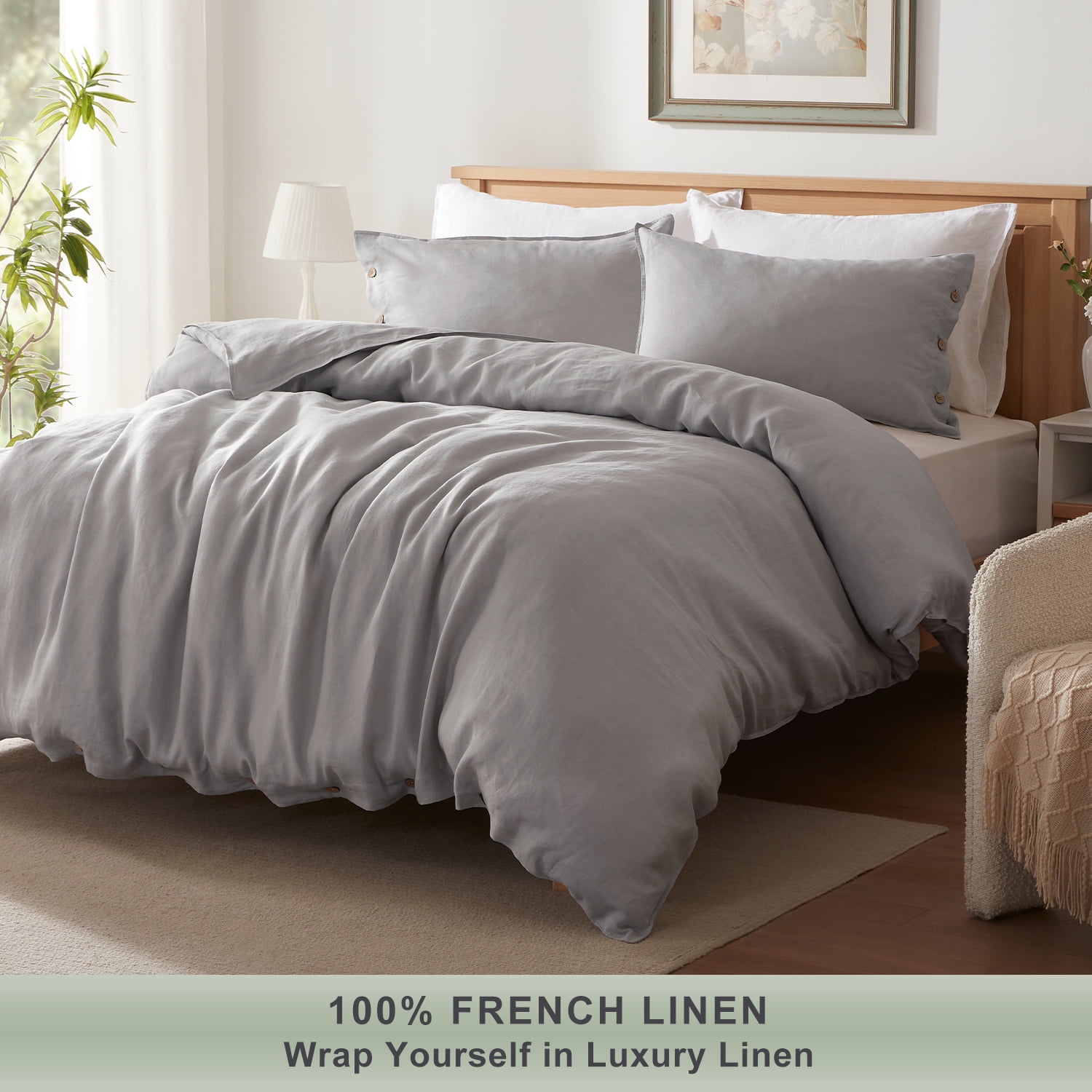 TOSMO 100% Linen Duvet Cover Set with Button Closure, 3 Pieces (1 Duvet Cover with 2 Pillowcases), Soft Breathable Durable Farmhouse Bedding