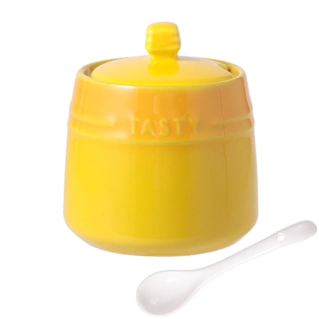French Gradient Ceramic Sugar Pot With Lid, Solid Sugar Bowl With Spoon, Porcelain Spice Jar, Kitchen Decoration Storage-Yellow
