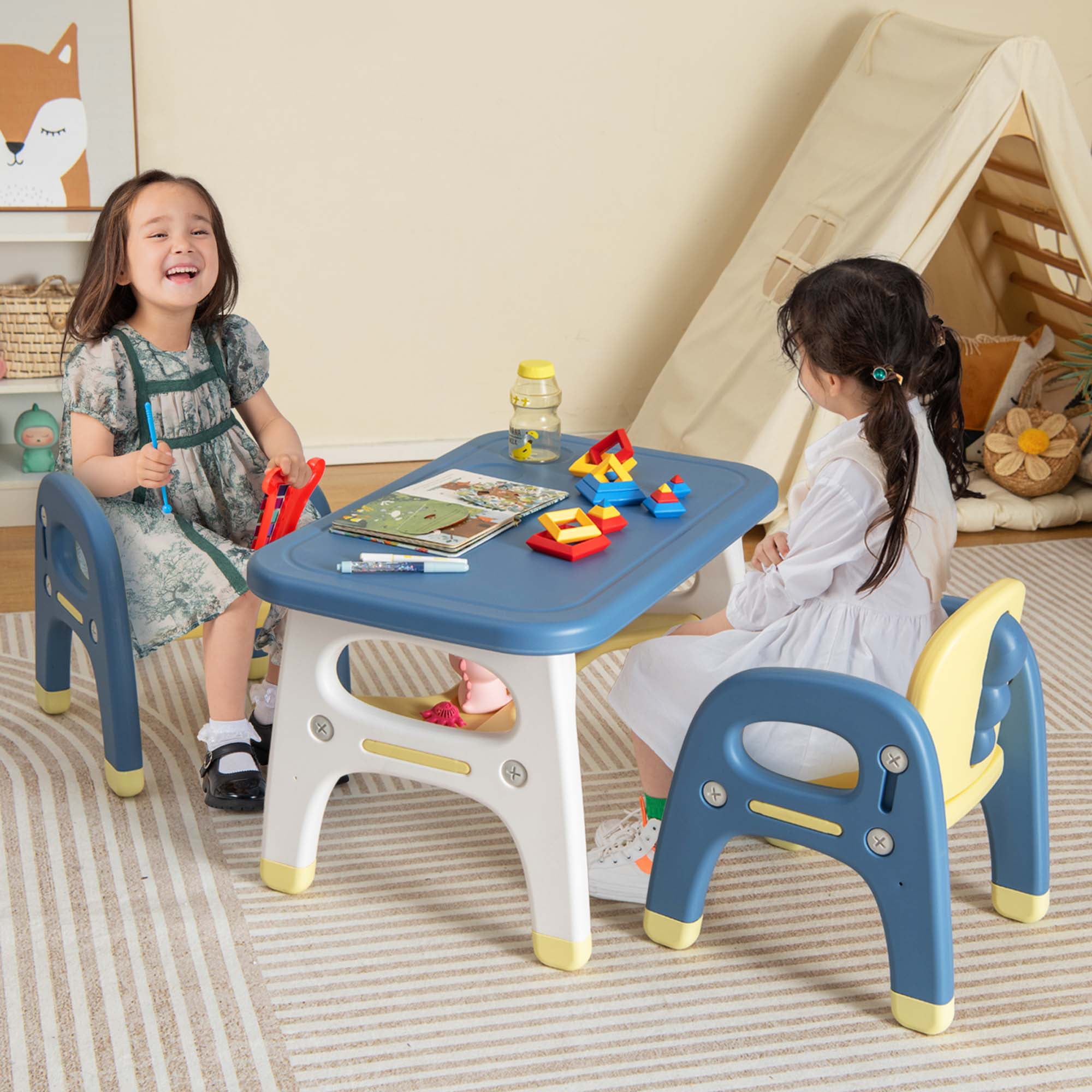 Table Et Chaise Enfant Multifonction - Surface Dessin Effaçable Magnétique - Bleu - Pour 3-8 Ans
