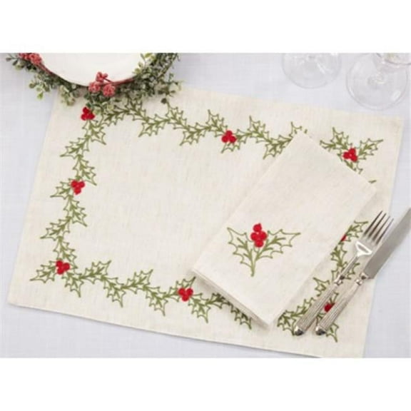 Saro Lifestyle 8076.N 14 x 20, 20 x 20 in. Embroidered Holly Placemats & Napkins, Natural - Set of 8