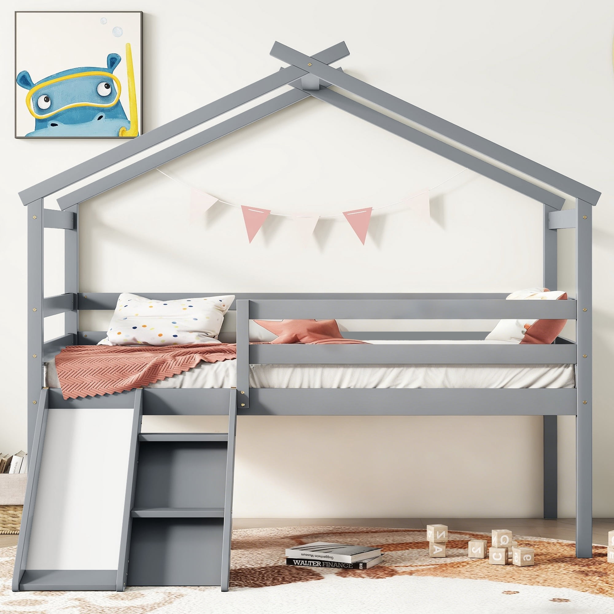 Aukfa Twin Low Loft Bed with Slide for Kids, Wood House Roof Bed Frame for Girls/Boys Bedroom, Gray
