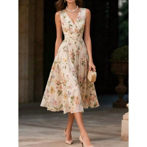 Multicolor Vintage Floral Chiffon Midi Dress, Sleeveless V-Neck A-Line Flared Hem For Women Summer
