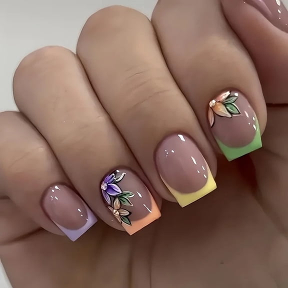 CurvLife Pastel Blossom Press-On Nails - 30PCS Short Square Fake Nails, Non-Toxic & Reusable, Salon Quality DIY