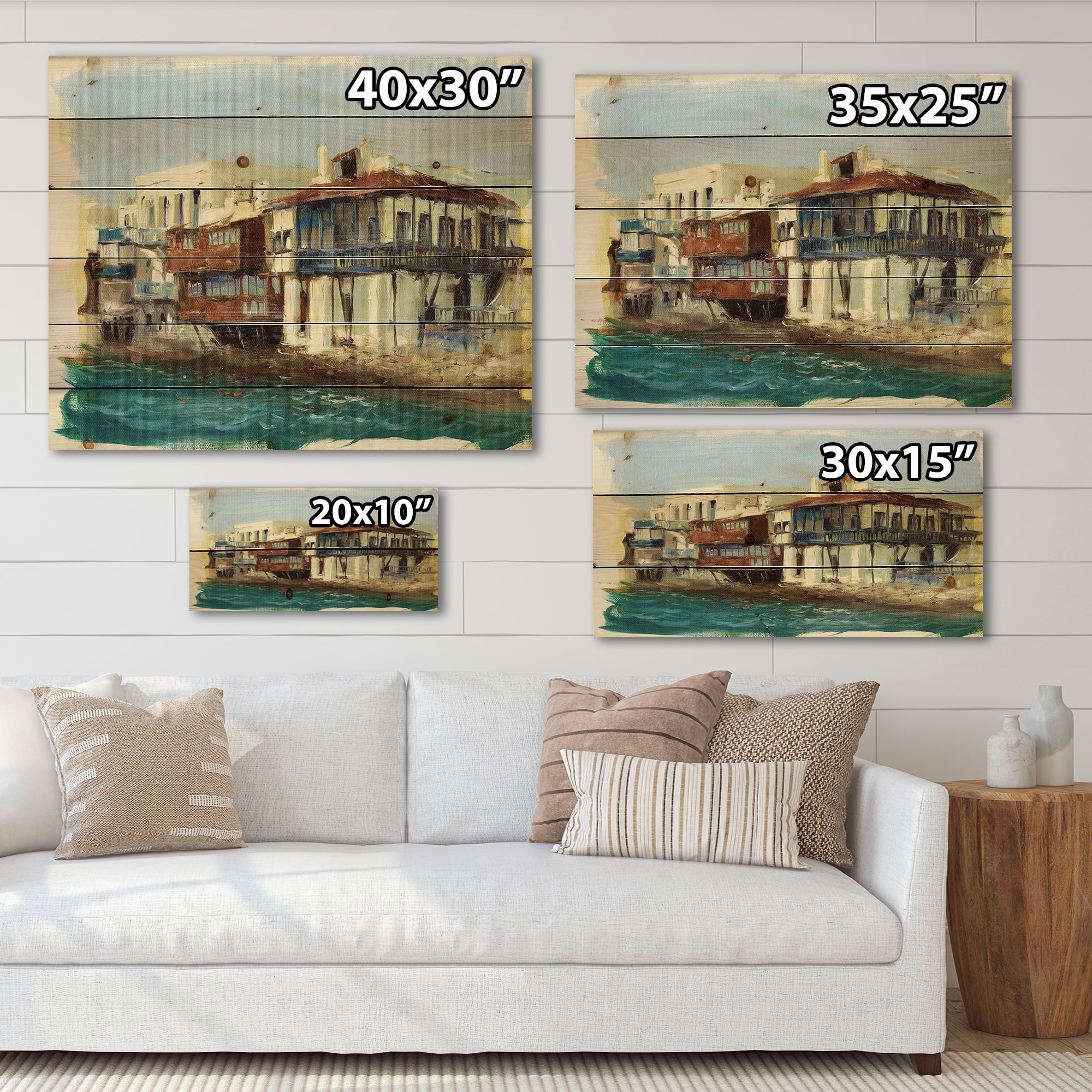 Designart 'Impression Old Houses On The Island of Mykonos Greece' Nautical & Coastal Print on Natural Pine Wood