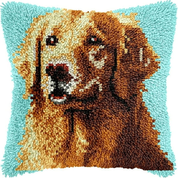 Golden Retriever Latch Hook Pillow Kits for DIY Handmade Throw Pillow Cushion Cross Stitch Latch Hooking Pillowcase Kits with Preprinted Canvas Crochet Yarn 17''X 17''(Y69)