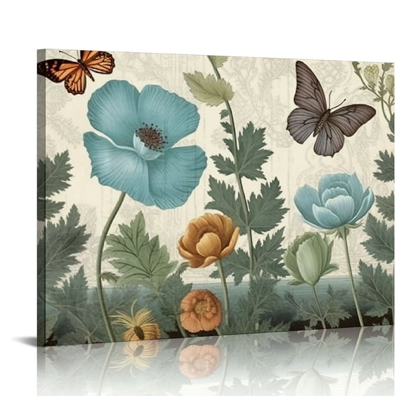 JRXY  Vintage Teal Tulip Wall Art for Living Room/Bedroom, Elegant Floral Farmhouse Flowers Rustic Brown Canvas Bathroom Decor Wall Art Kitchen Office Framed Wood  20x16in