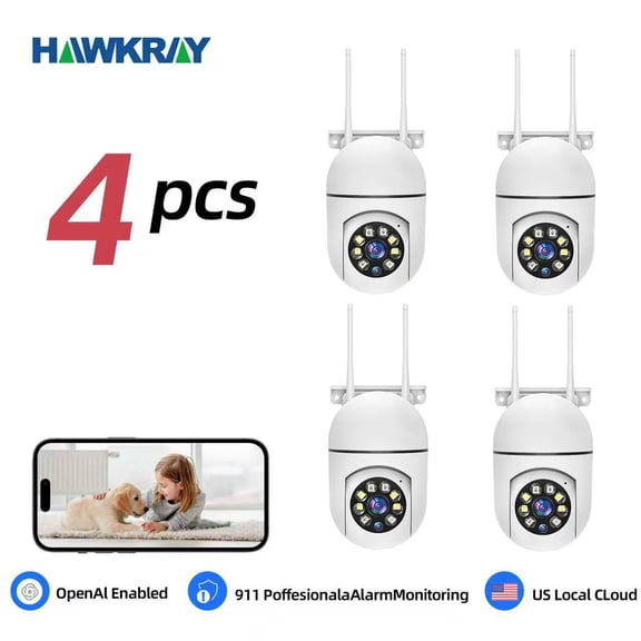 4PCS Hawkray AI Intelligent Surveillance Camera - 911 Alarm Easy Install Quick Setup Full Color Night Vision Two Way Audio Motion Detection Security System