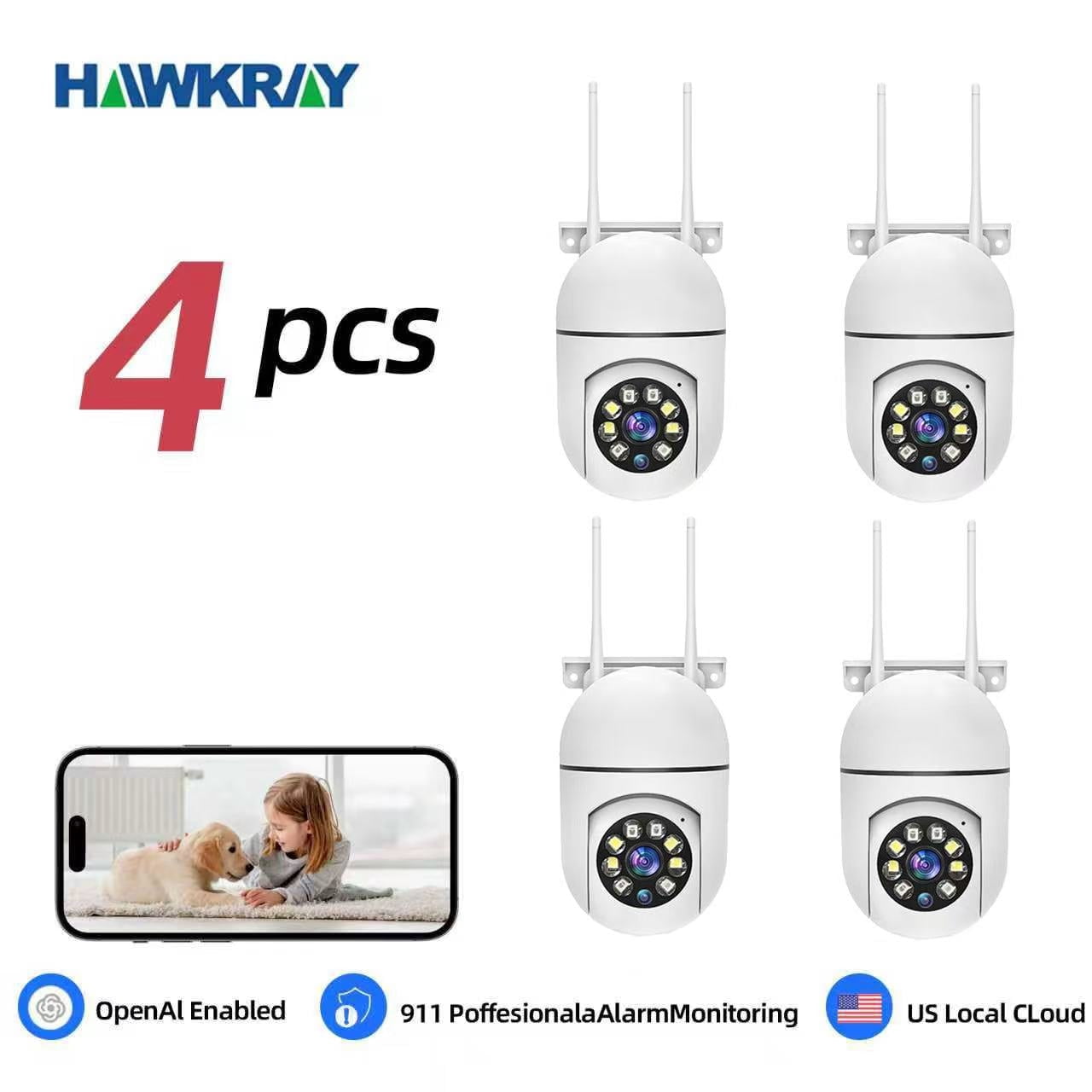 4PCS Hawkray AI Intelligent Surveillance Camera - 911 Alarm Easy Install Quick Setup Full Color Night Vision Two Way Audio Motion Detection Security System