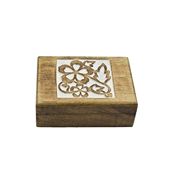 STORE INDYA Wooden Hand Carved Decorative Box with Flower Carving On Top | Treasure Box Jewelry Organizer Keepsake Box Treasure Chest Trinket Holder Watch Box Gifts for her Girl Women