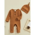 thumbnail image 3 of Hirigin Newborn Baby Boy Girl Solid Ribbed Knit jumpsuit Romper Bodysuit with Hat Newborn Coming Home Outfit Set, 3 of 8