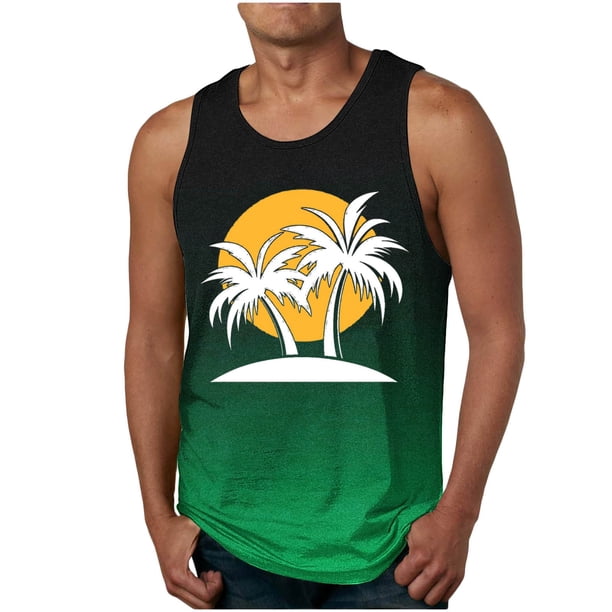 Camiseta sin mangas de cuello redondo para hombre, estampada, informal, deportiva, elástica, de moda, de poliéster.