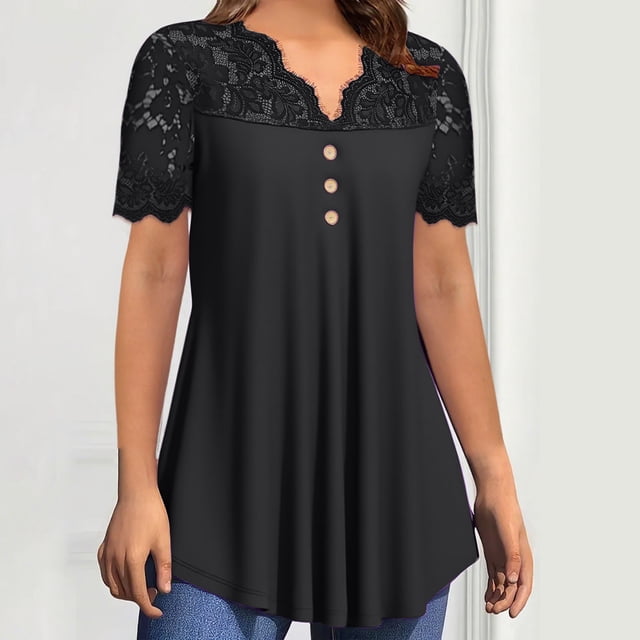 mfyjkho Tops Casuales Para Mujer, Top Informal De Encaje Liso Con Cuello En V Y Manga Corta Para Mujer. Top/Camiseta De Manga Corta Con Cuello En V. Tops De Gimnasio Para Mujer Xl