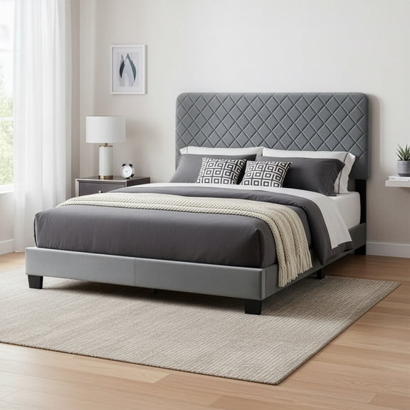 Aurum Silver Gray Velvety Fabric Queen Bed with Decorative Stitching