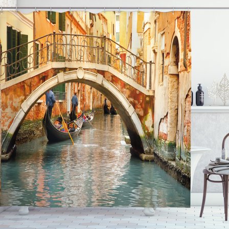 Ambesonne Venice Shower Curtain, Bridge Gondola, 69"Wx84"L, Orange Ivory Bluegrey