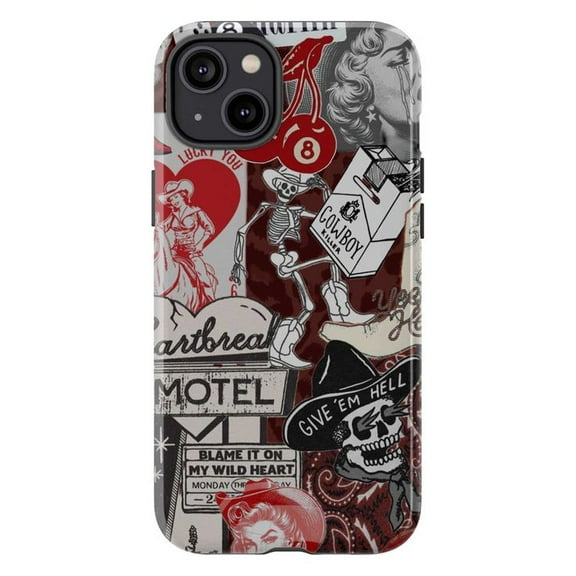 Retro Cowboy Tattoo Phone Case, Rockabilly Skeleton and Pin-Up Collage iPhone Cover, Vintage Western Protective Case for iPhone 16 15 14 13 12 11 Pro Plus Mini