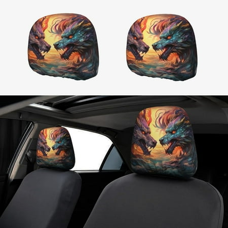 2 PCS Car Headrest Cover Colorful Wave Dragon Head Soft Car Seat Head Rest Cover Protector Interior Car Accessories Seat Covers for Cars Truck Auto Only Covers
