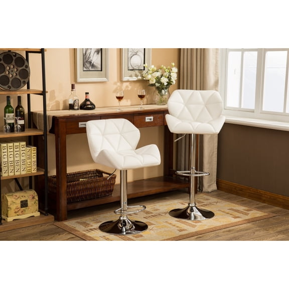 White Faux Leather Tufted Adjustable Swivel Bar Stools Set of 2, Airlift Barstools with Chrome Base