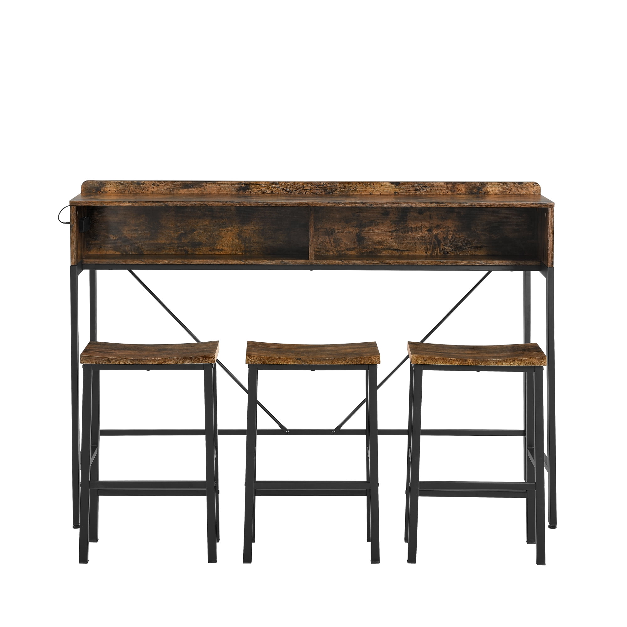HOQBN Bar Table Set,59 inch Bar Table with Power Socket and LED Light,4-piece Bar Table and 3 Saddle Stools Set for Living Room, Dining Room and Kitchen,Brown