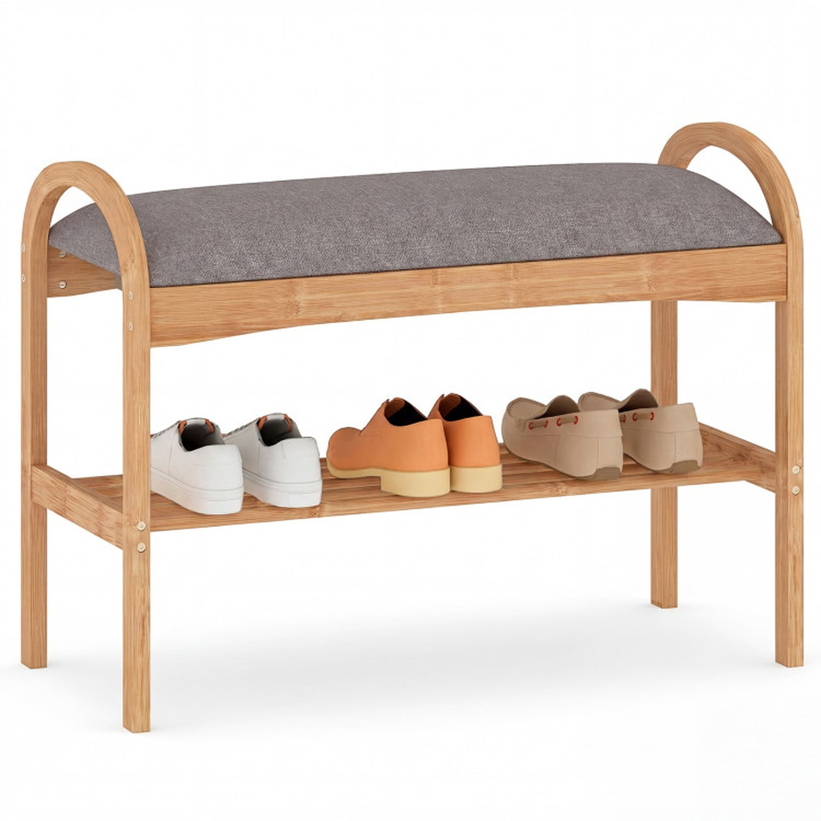 Furnibear 2 Tier Bamboo Shoe Bench with Padded Cushion and Slatted Shelf for Entryway Hallway and Bedroom Shoe Storage, Gray