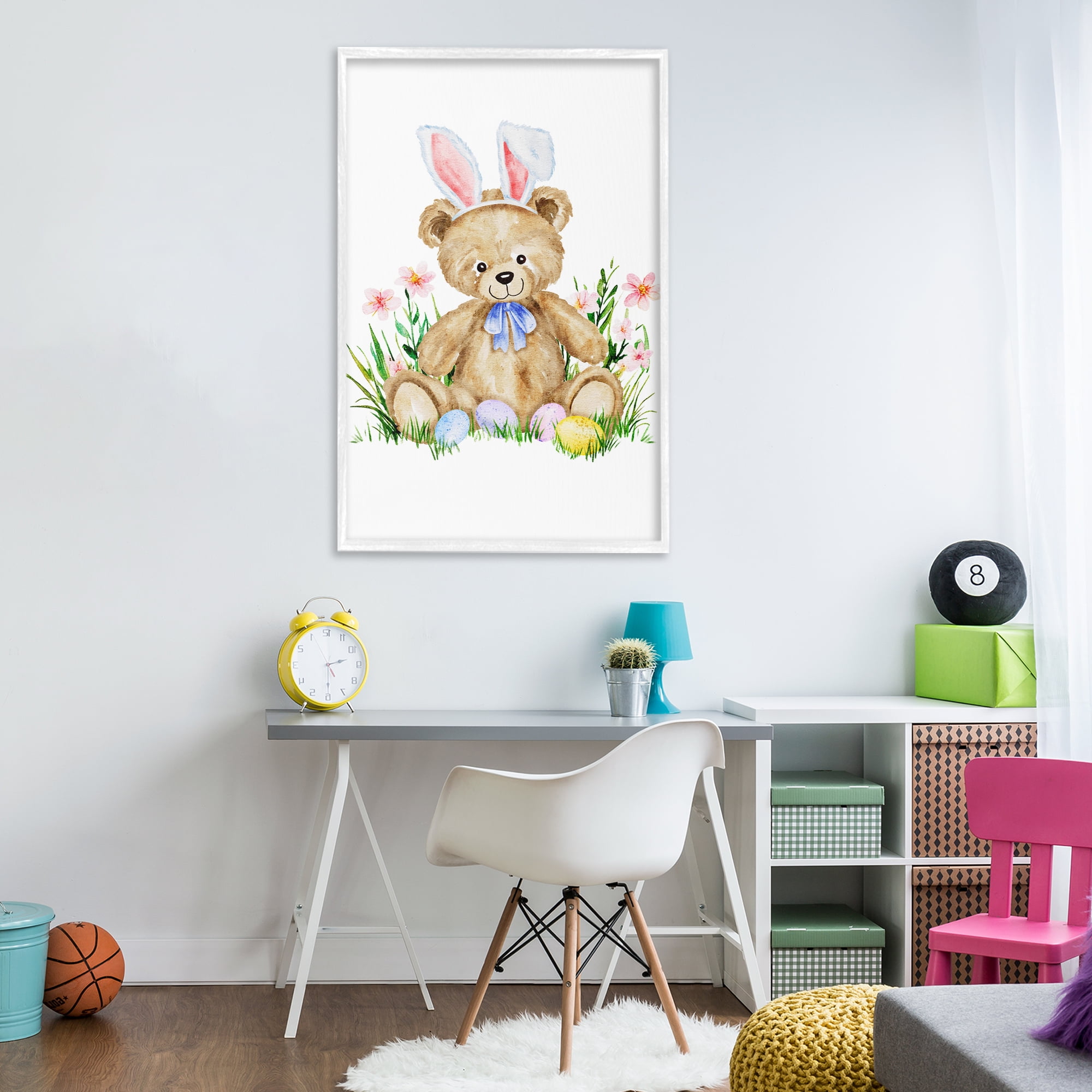 Springy Easter Teddy Bear White Framed Giclee Art, design by Amy Hall