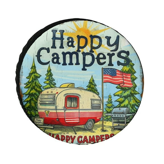 Spare Tire Cover Happy Campers Wheel Tire Cover for Travel Trailers Protectors Weatherproof Dust-Proof Camping Camper Gifts Tire Cover Universal Fit for Trailer SUV Truck Camper Travel Trailer 12 In