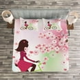 thumbnail image 3 of Ambesonne Feminine Quilted Bedspread Set 3 Pcs, Cherry Bloom Lady Bike, King Size, Green Pink, 3 of 3