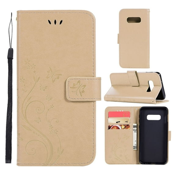 S10e Case, Samsung Galaxy S10e Case - Allytech Premium Wallet PU Leather with Fashion Embossed Flower Magnetic Clasp Card Holders Flip Cover with Hand Strap, Gold