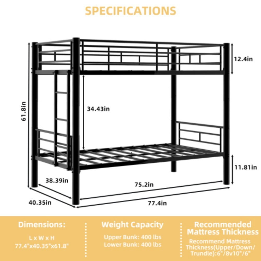 Twin Metal Bunk Bed, Convertible & Detachable into 2 Twin Beds, Heavy-Duty Iron Frame, 400 lbs Capacity, Guardrails & Ladder, Black