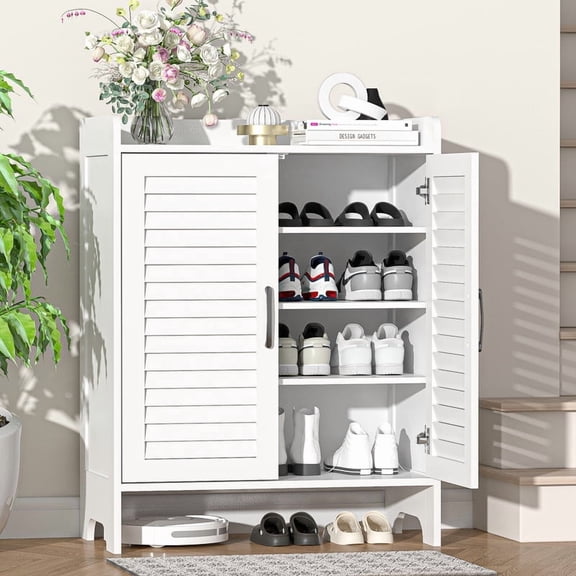 HARIPUL Shoe Cabinet with Breathable Door, Farmhouse 4-Tier Large Shoe Storage Cabinet with Adjustable Shelves, Shoe Rack Organizer for Entryway, Foyer, and Closet
